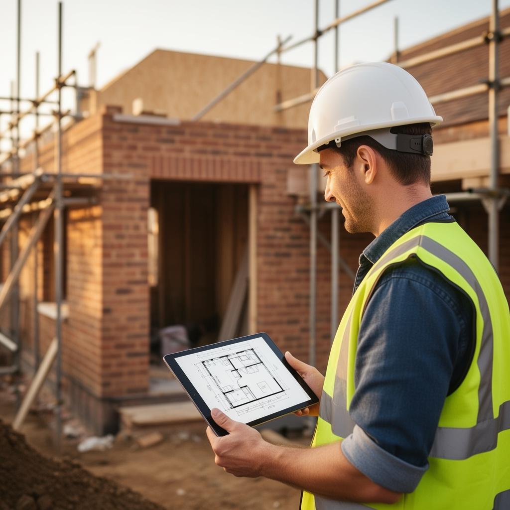 UK builder on site reviewing construction drawings on a tablet in front of a brick extension with scaffolding